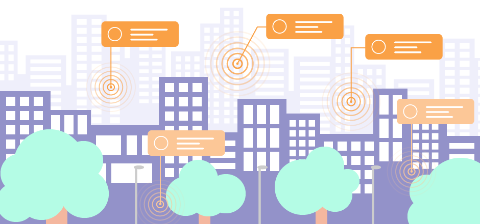 Illustration of a city skyline with trees in foreground. Various locations are pinpointed with information cards