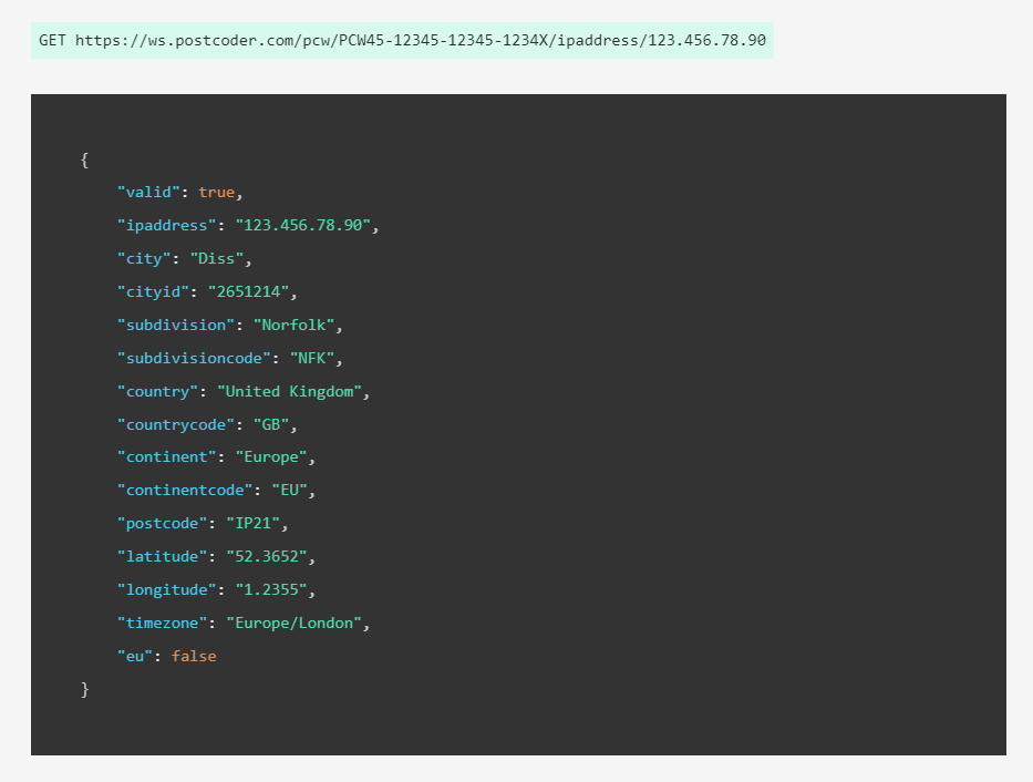 example code returned by the IP to geo endpoint