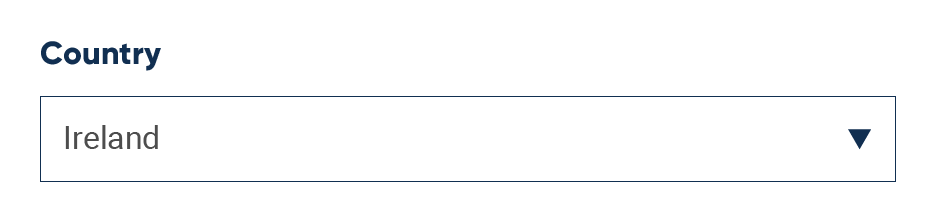 UI example of country selector with Ireland pre-chosen based on IP address