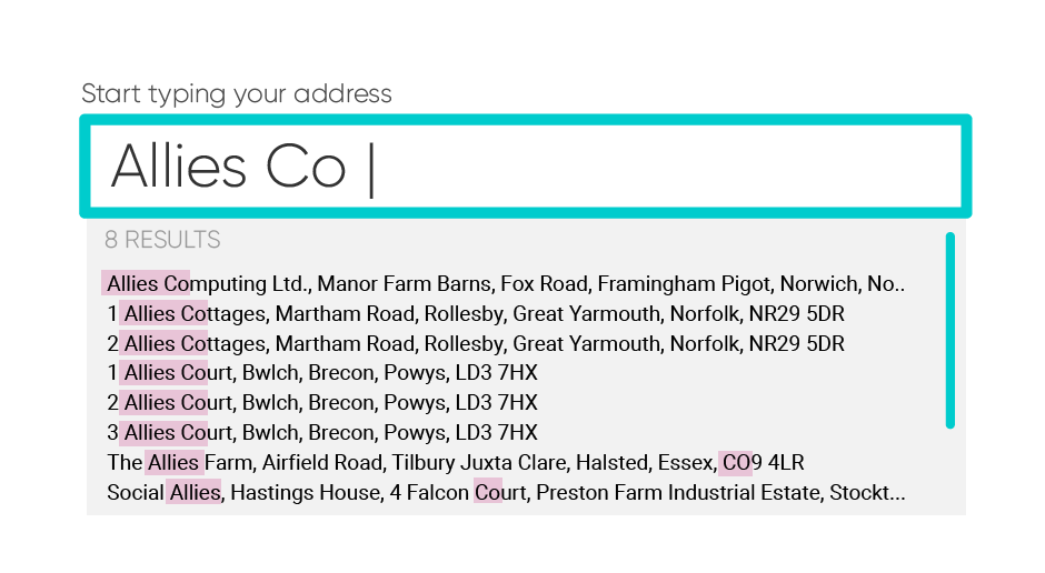 illustration of an autocomplete service returning different addresses that match the input 'allies co'