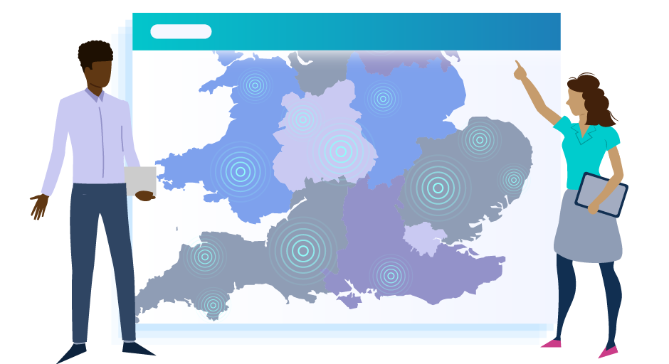 Illustration of two people standing in front of a screen showing a UK map with areas highlighted