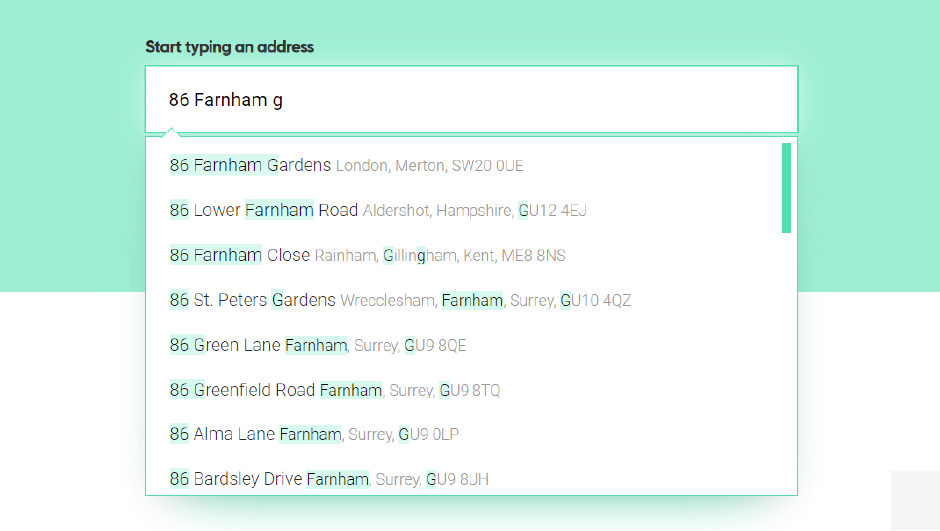 Screenshot of address verification and autocomplete service